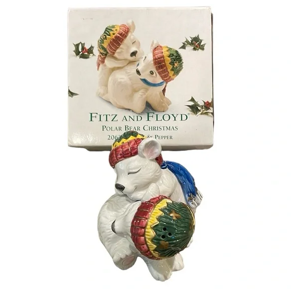 Vintage Fitz & Floyd Snuggling Polar Bears Holiday Christmas Salt Pepper Set Box - Picture 1 of 7